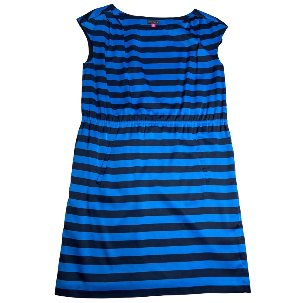 Vince Camuto Dress Women's Blue Black Excellent Striped Cap Sleeve Pockets Sz 8